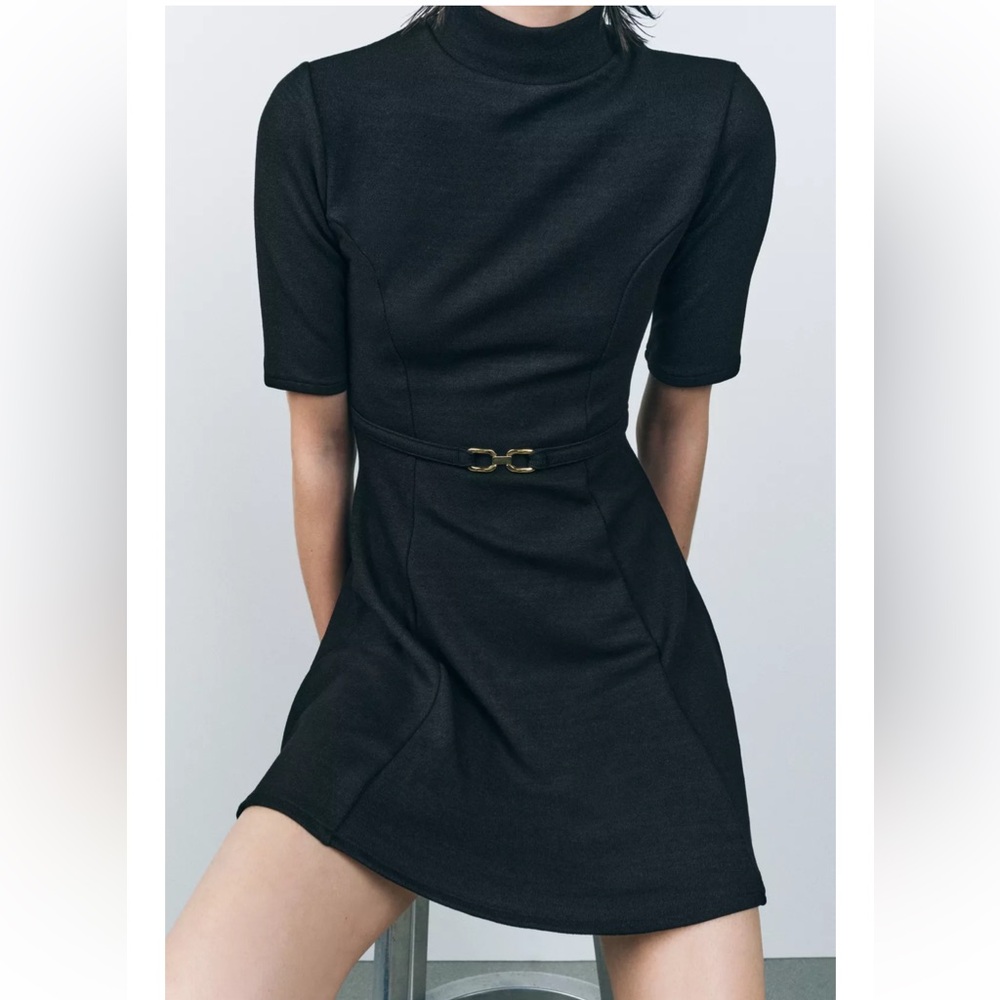 Zara NWT buckled knit short sleeve black mini dress skater flared hem skirt - Picture 3 of 13